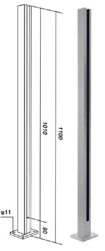 POSTE SUELO 2 RANURAS 90º LATERAL ALUM. PLATA MATE 49X49MM1100MM